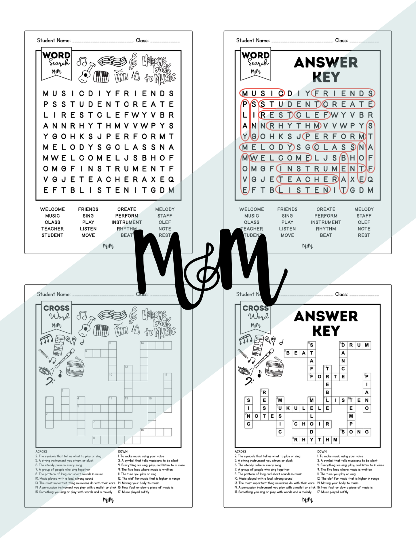 Welcome Back to Music | Word Search & Crossword Set | Music Class Worksheet DIGITAL DOWNLOAD