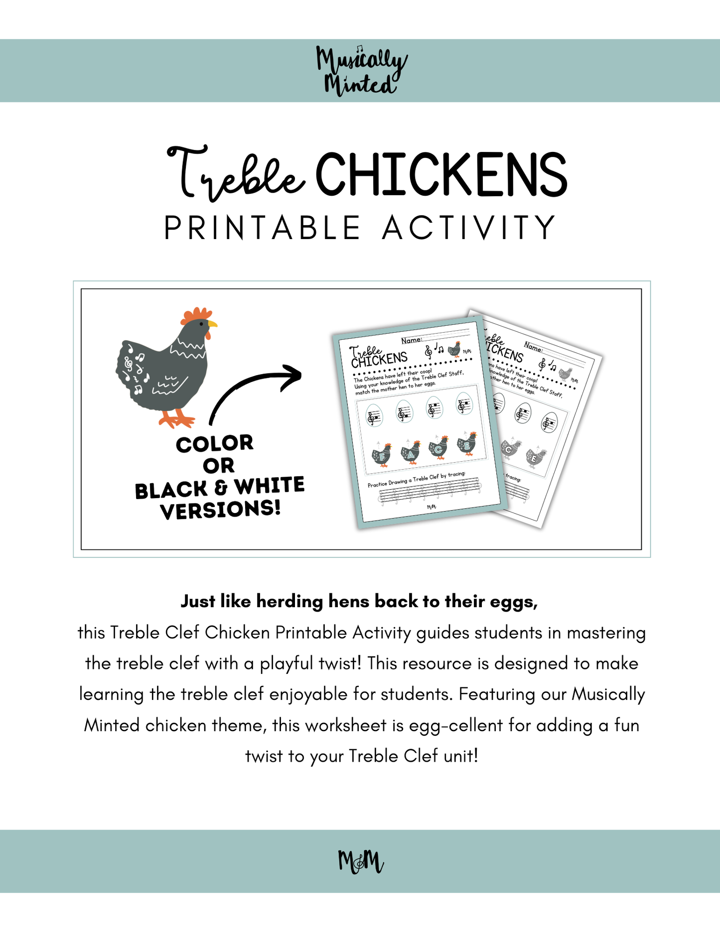 Treble Chickens: Treble Clef Lines & Spaces Printable Activity Music Worksheet DIGITAL DOWNLOAD