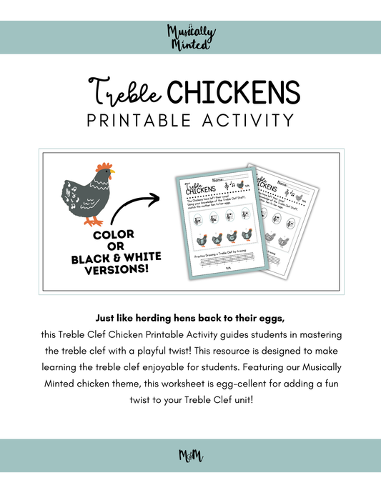 Treble Chickens: Treble Clef Lines & Spaces Printable Activity Music Worksheet DIGITAL DOWNLOAD