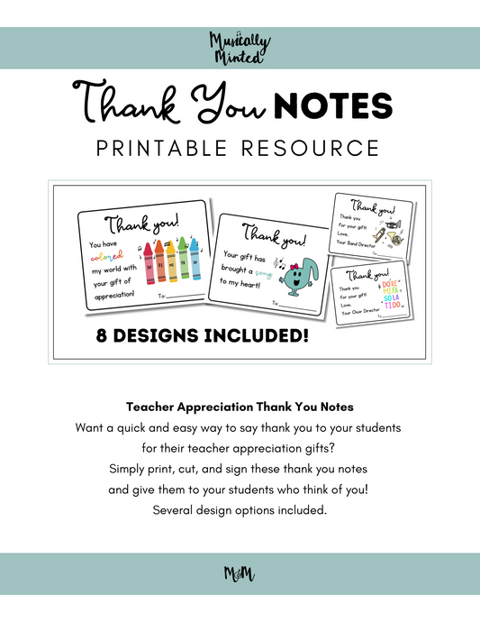 Musically Minted: Music Teacher Appreciation Thank you Notes DIGITAL DOWNLOAD