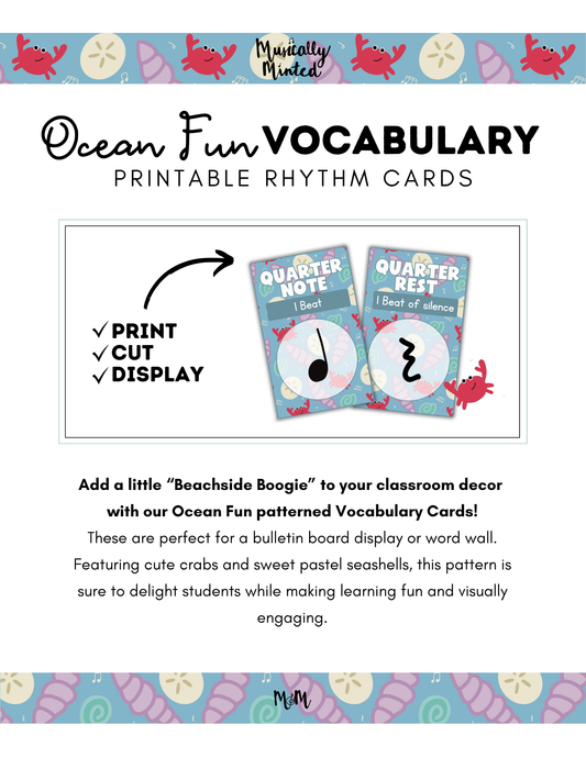 Ocean-themed vocabulary printable rhythm cards with crabs and seashells on a white background.