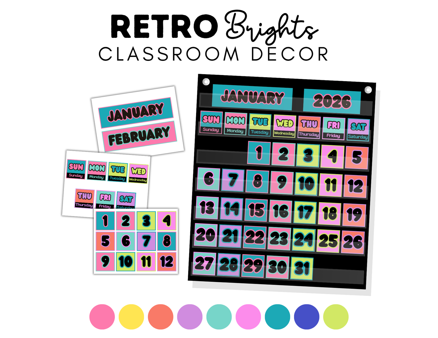 Retro Brights: Pocket Chart Calendar | Music Classroom Decor