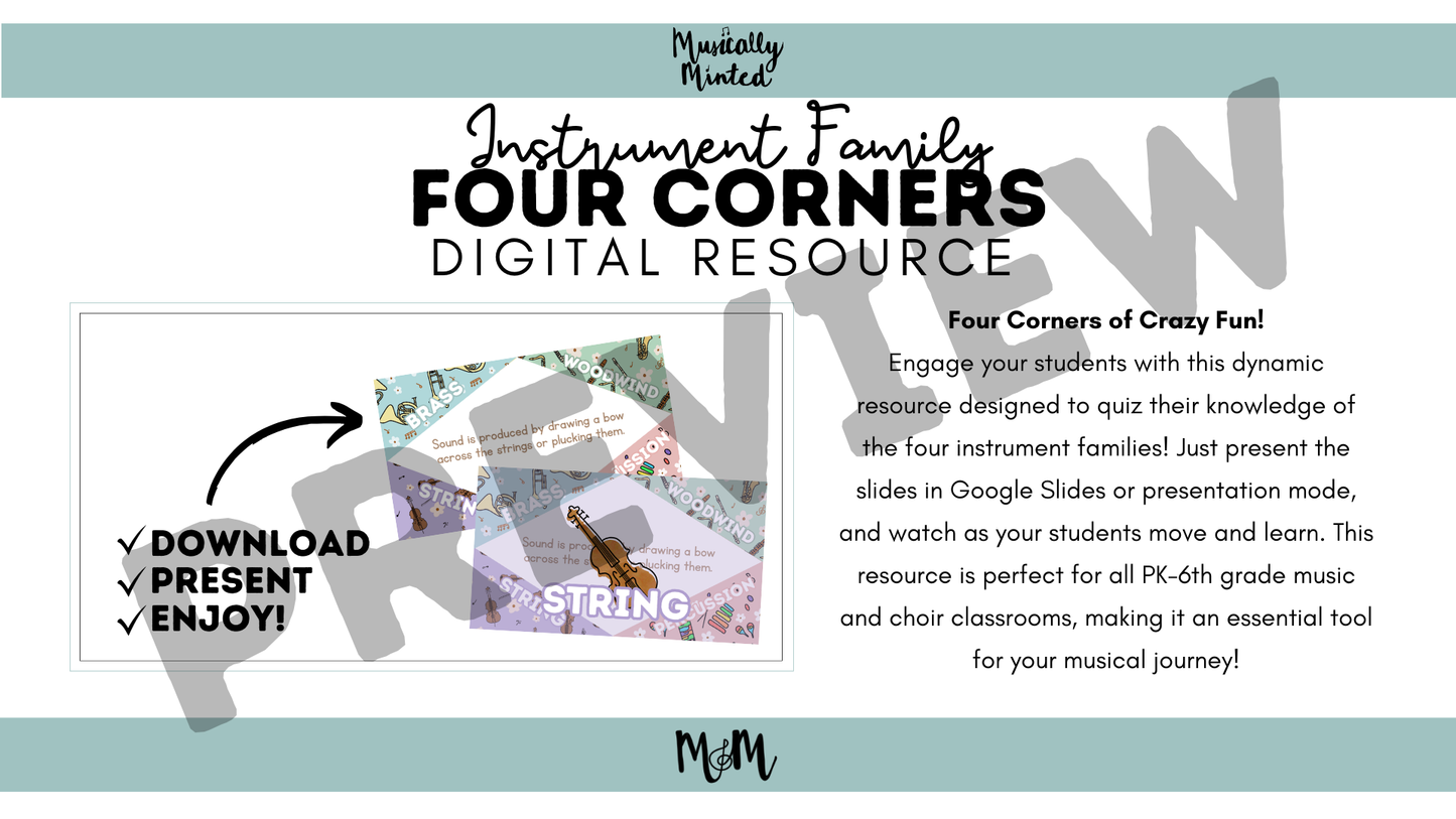 Instrument Family: Four Corners Game | Music Classroom Google Slide Digital Resource DIGITAL DOWNLOAD