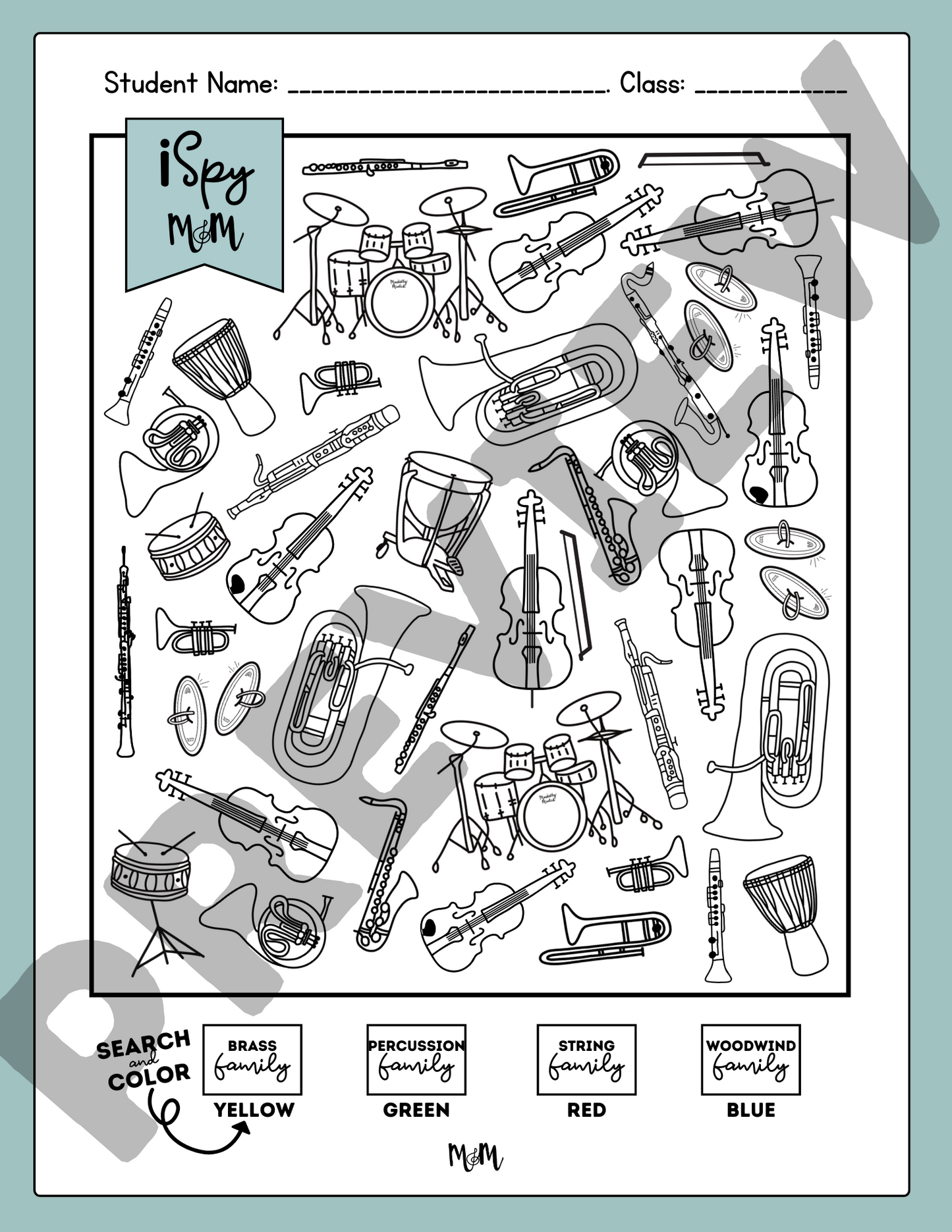 Instrument Family: iSpy Music Search and Color Music Classroom Printable DIGITAL DOWNLOAD