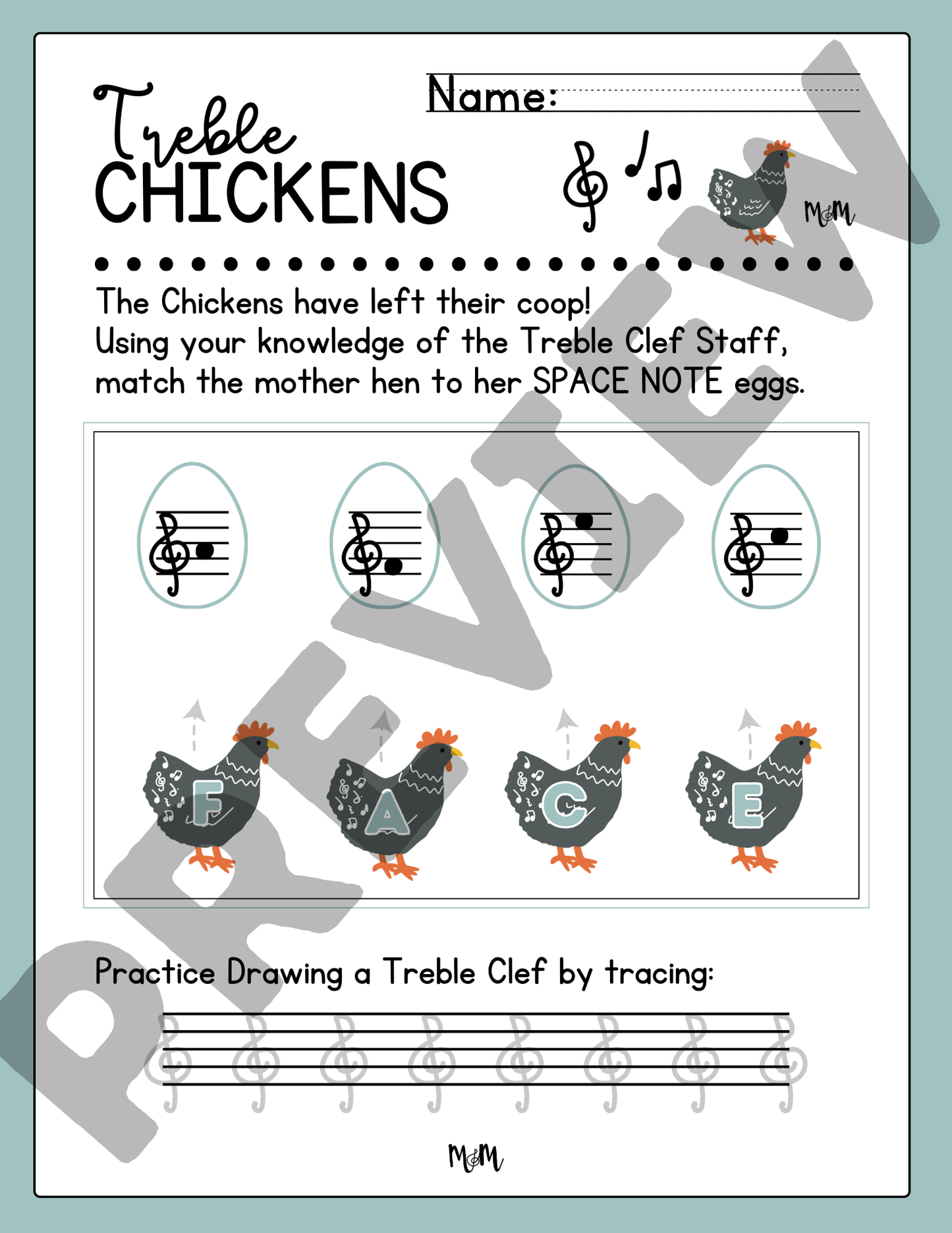 Treble Chickens: Treble Clef Lines & Spaces Printable Activity Music Worksheet DIGITAL DOWNLOAD