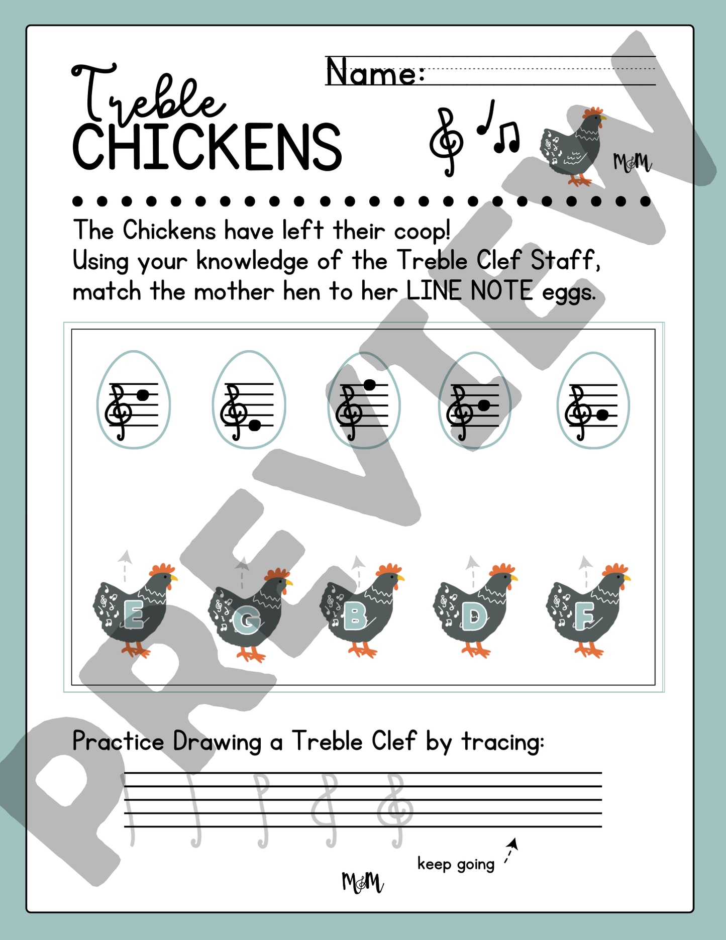 Treble Chickens: Treble Clef Lines & Spaces Printable Activity Music Worksheet DIGITAL DOWNLOAD