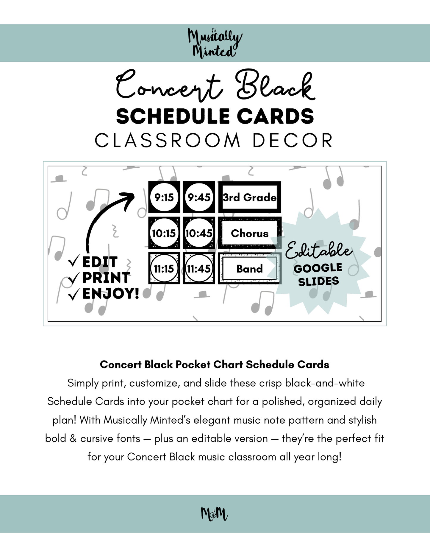 Concert Black: Pocket Chart Schedule Cards DIGITAL DOWNLOAD