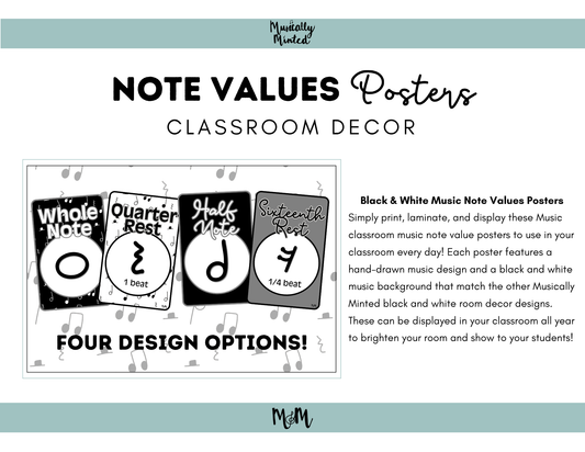 Concert Black: Note Values Posters DIGITAL DOWNLOAD