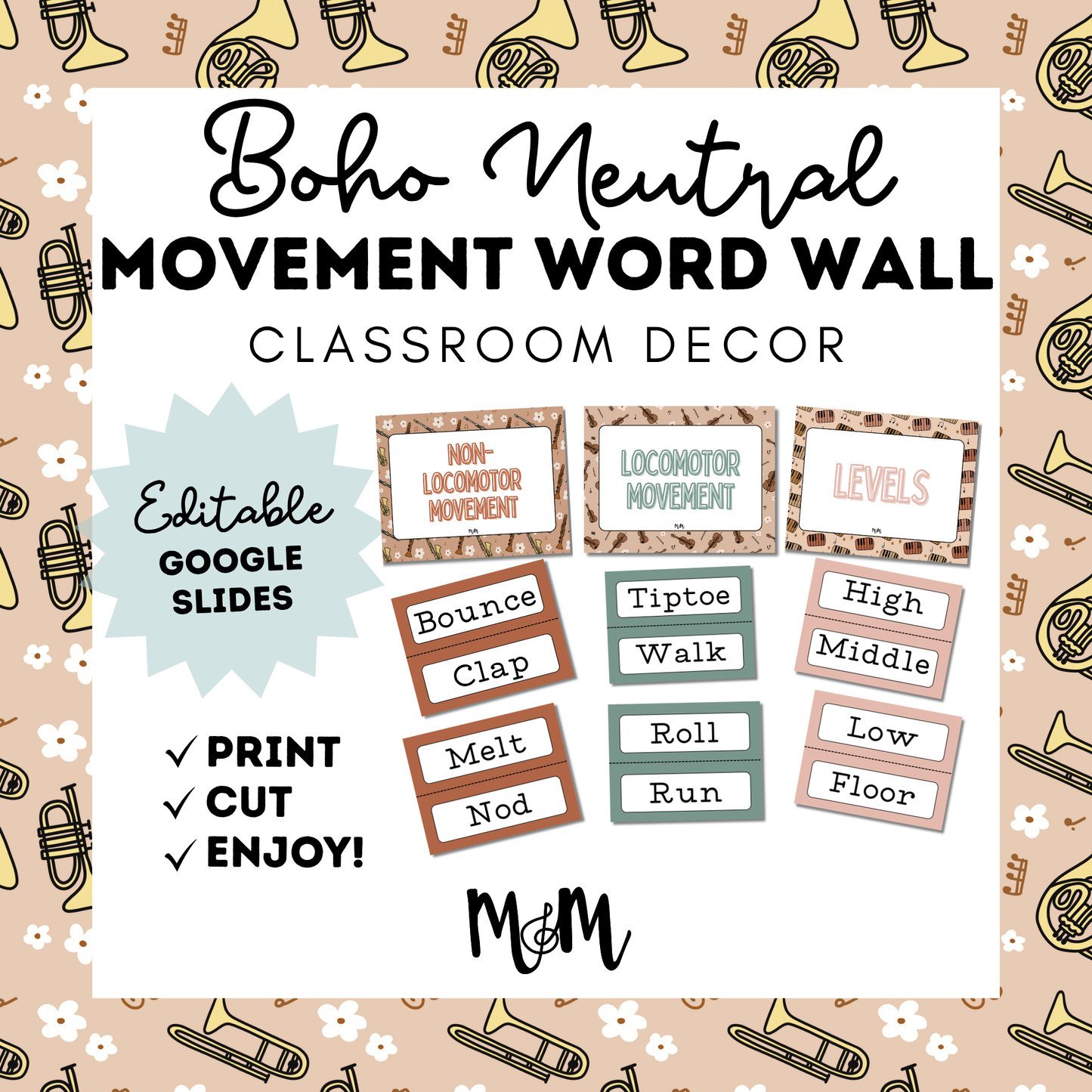 Boho Neutral: Movement Word Wall Cards DIGITAL DOWNLOAD