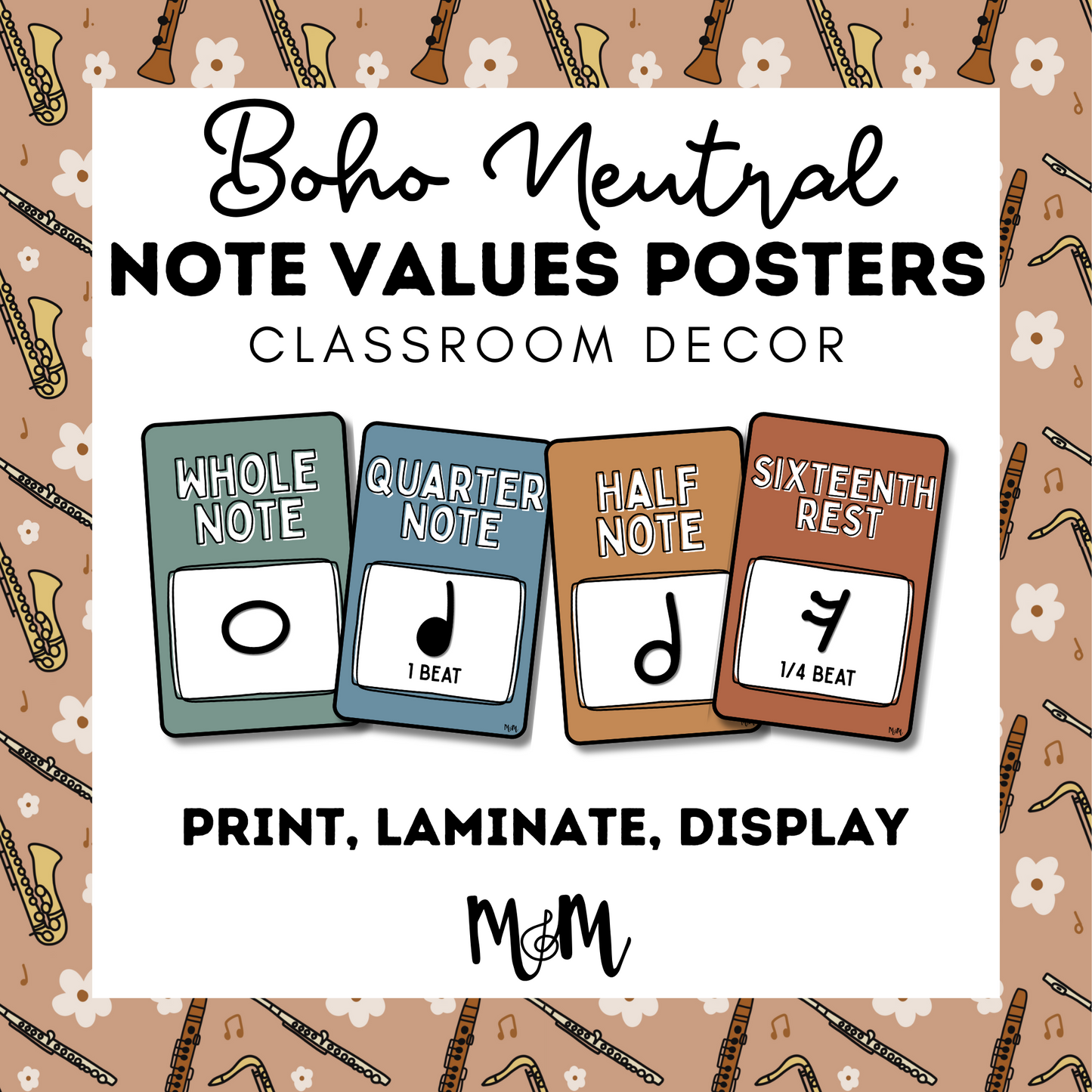 Boho Neutral: Note Values Posters DIGITAL DOWNLOAD