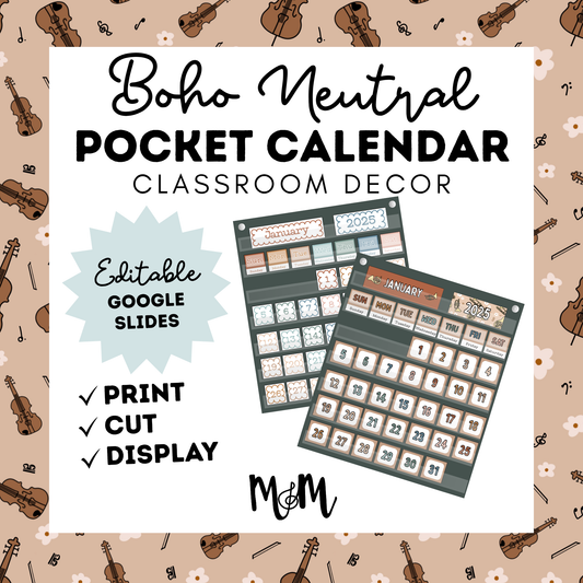 Boho Neutral: Pocket Chart Calendar DIGITAL DOWNLOAD