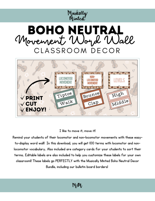 Boho Neutral: Movement Word Wall Cards DIGITAL DOWNLOAD