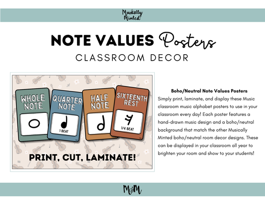 Boho Neutral: Note Values Posters DIGITAL DOWNLOAD