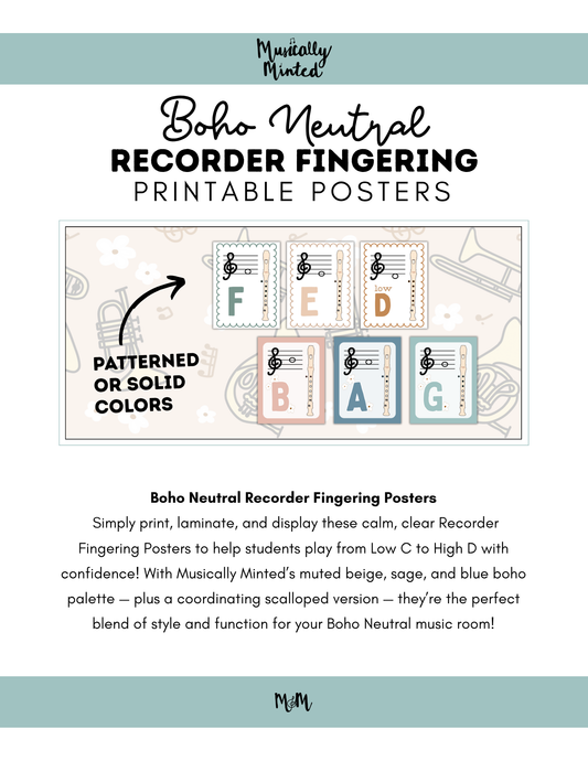 Boho Neutral: Recorder Fingering Posters DIGITAL DOWNLOAD