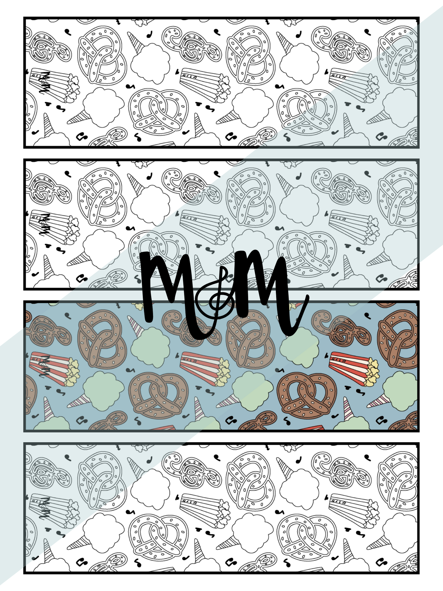 Coloring bookmarks with pretzels and 'MM' text on a light blue background