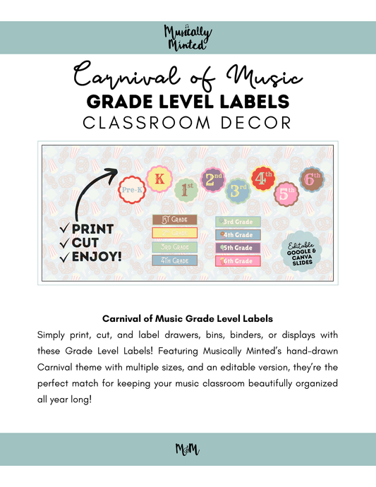 Carnival of Music: Grade Level Labels | Music Classroom Decor
