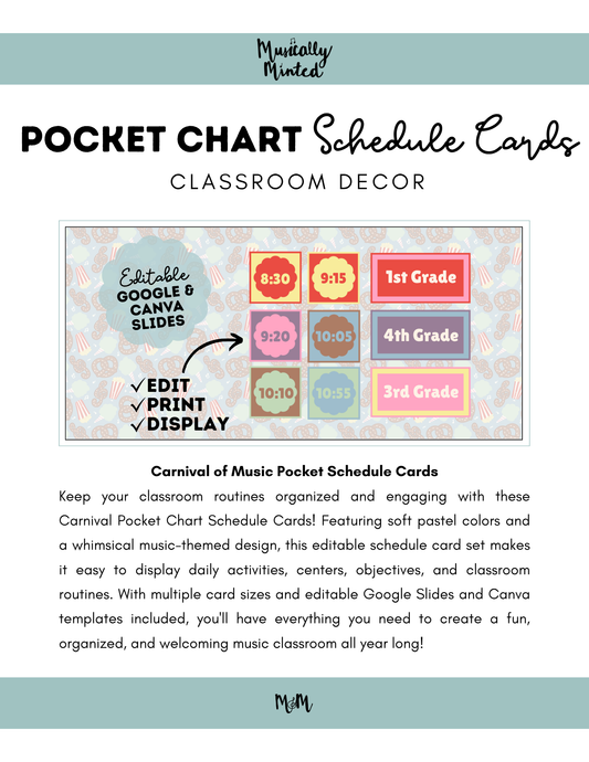 Carnival of Music: Pocket Chart Schedule Cards | Music Classroom Decor