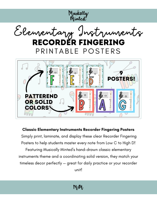 Elementary Instruments: Recorder Fingering Posters DIGITAL DOWNLOAD