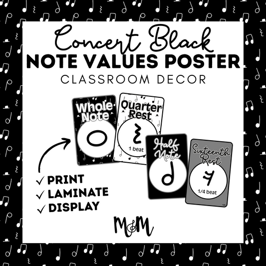 Concert Black: Note Values Posters DIGITAL DOWNLOAD