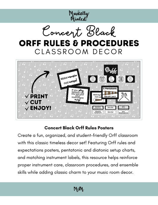 Concert Black: Orff Rules & Expectations Posters | Music Room Decor