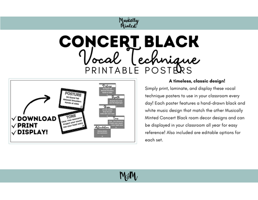 Concert Black: Vocal Technique Posters | Music Classroom Decor