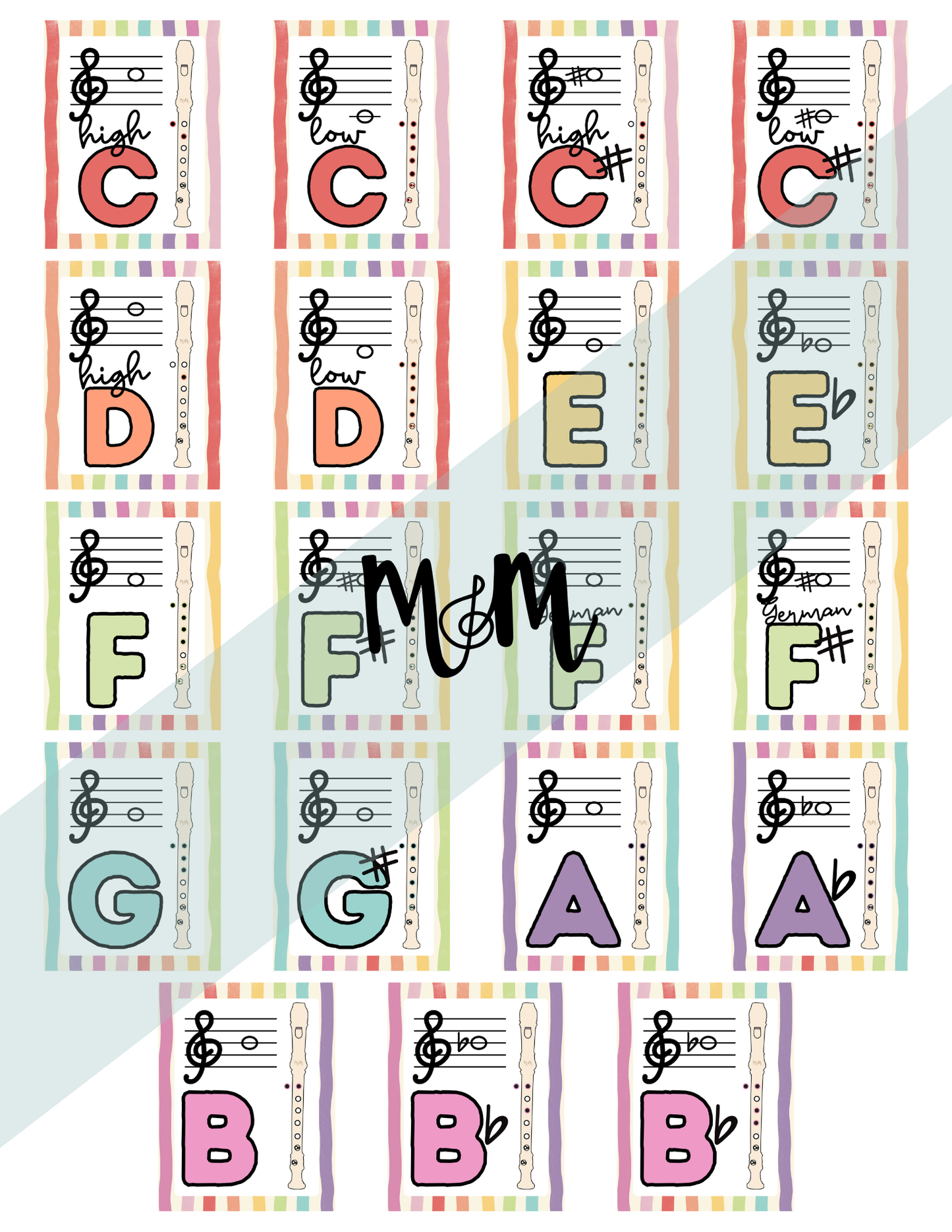 Rainbow Stripes: Recorder Fingering Posters DIGITAL DOWNLOAD