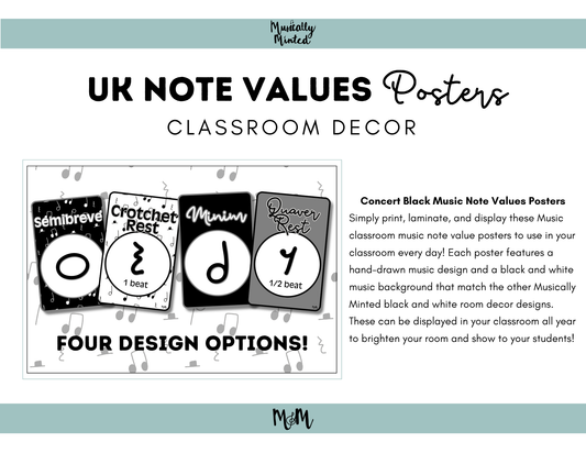 Concert Black: UK Note Values Posters | UK Music Terms | Music Classroom Decor