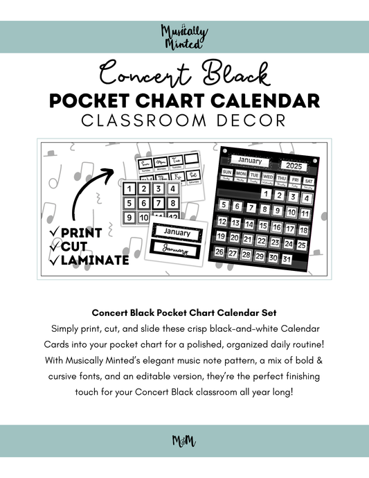 Concert Black: Pocket Chart Calendar DIGITAL DOWNLOAD