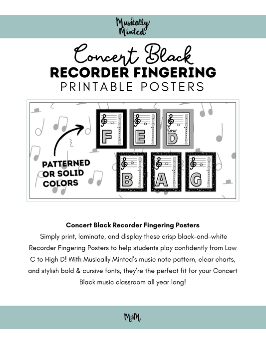 Concert Black: Recorder Fingering Posters DIGITAL DOWNLOAD