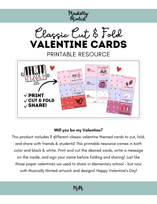 Valentines Day | Foldable Cards | Music Teacher Printable Valentines DIGITAL DOWNLOAD