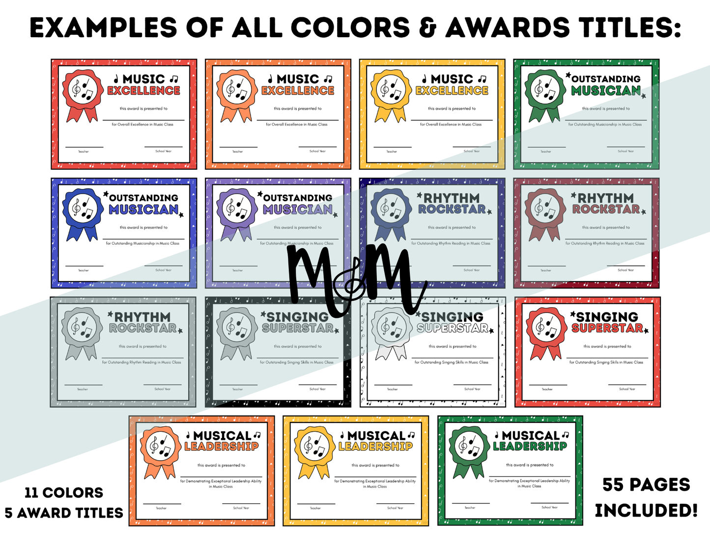 Collection of colorful music achievement certificates with various awards on a white background.