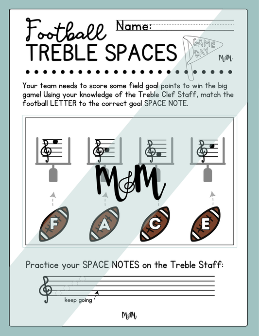 Music-themed worksheet titled 'Football Treble Spaces' with football and clef staff illustrations on a light blue background.