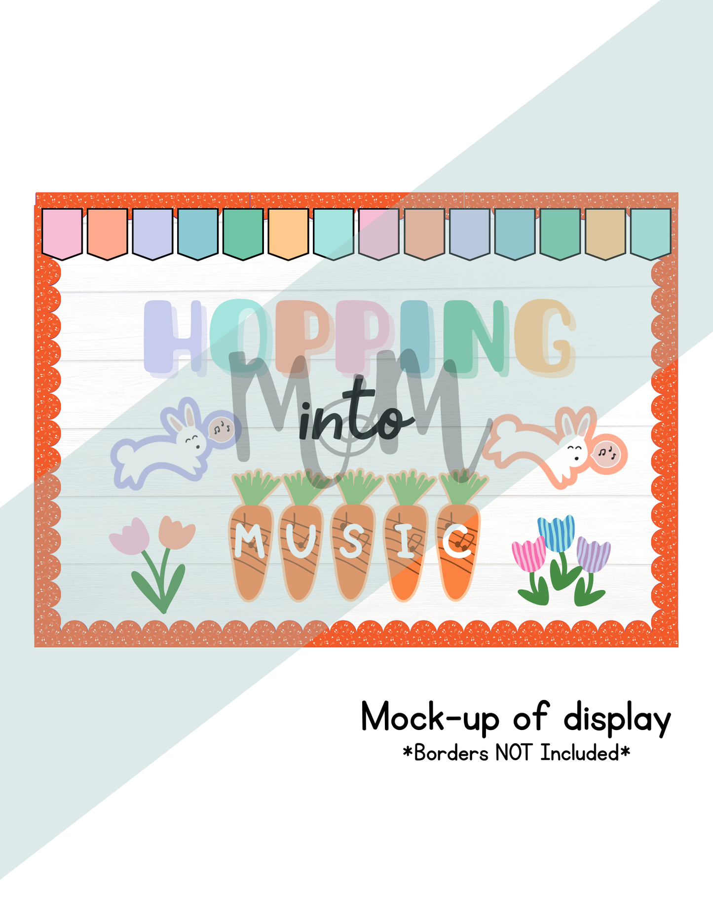 Children's book cover with 'Hopping into Music' text, carrots, and bunnies on a colorful border.