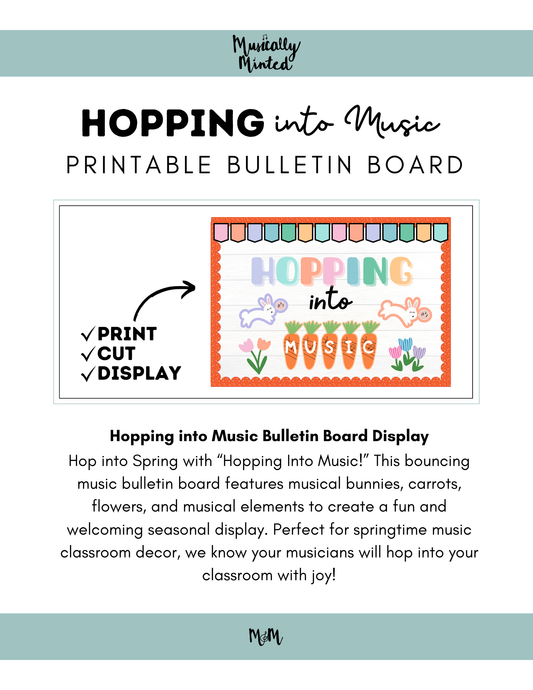 Printable bulletin board display titled 'Hopping into Music' with bunny, carrot, and flower elements.