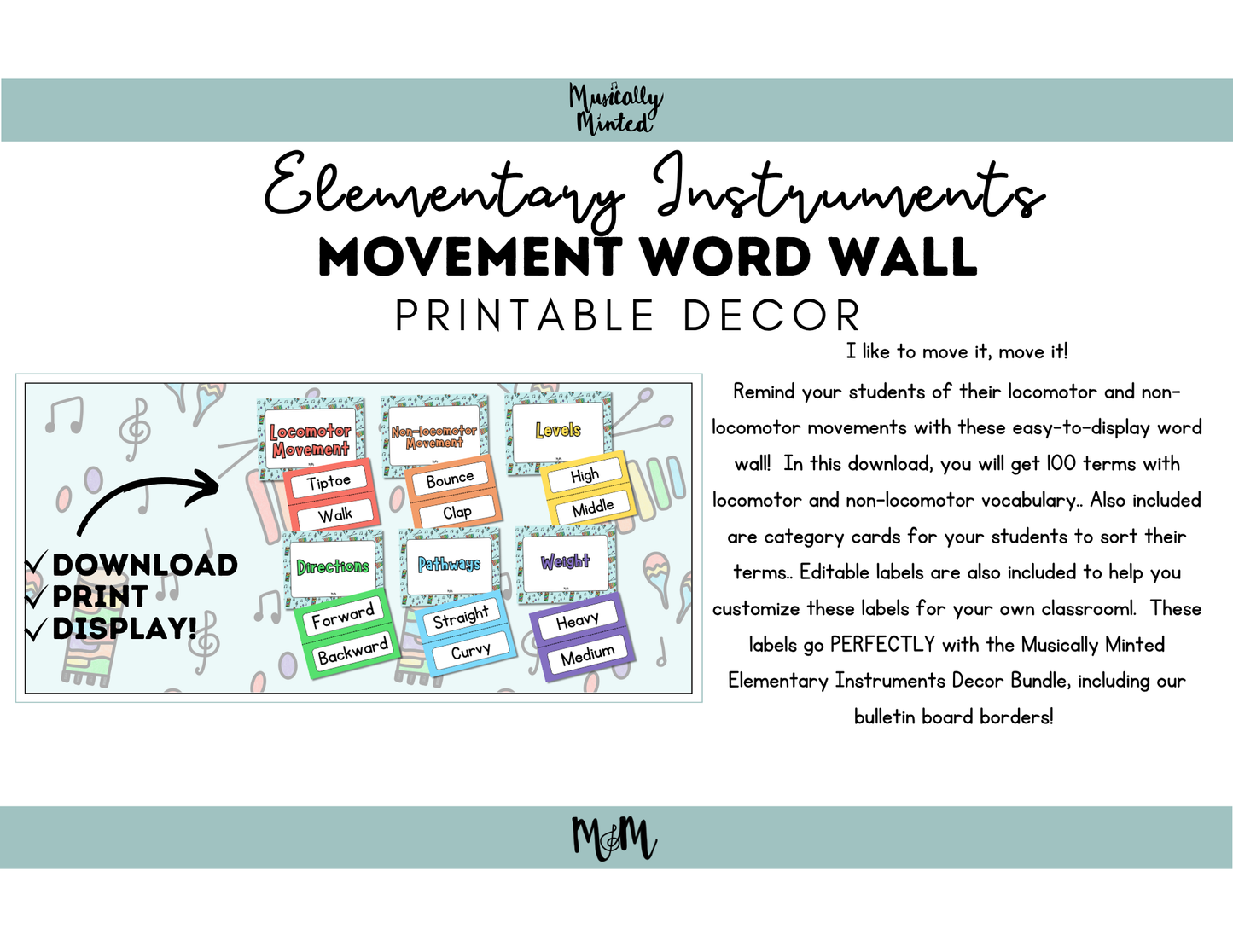 Elementary Instruments: Movement Word Wall Cards DIGITAL DOWNLOAD