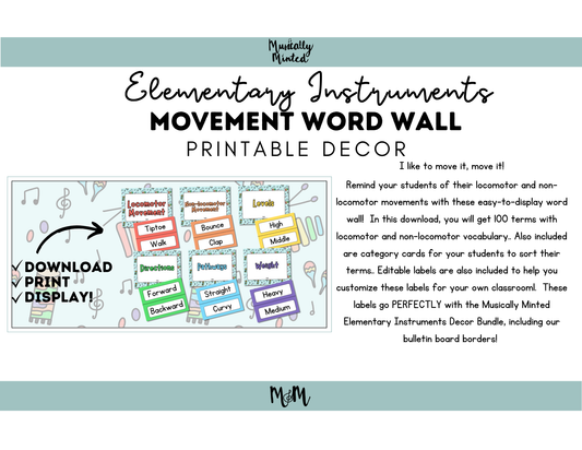 Elementary Instruments: Movement Word Wall Cards DIGITAL DOWNLOAD