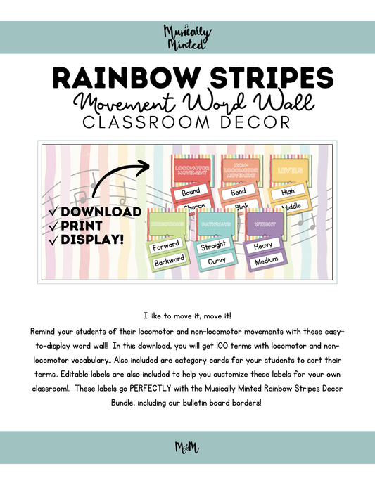 Rainbow Stripes: Movement Word Wall Cards DIGITAL DOWNLOAD