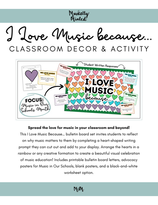 I Love Music Because | Music Ed Matters Bulletin Board and Writing Activity DIGITAL DOWNLOAD