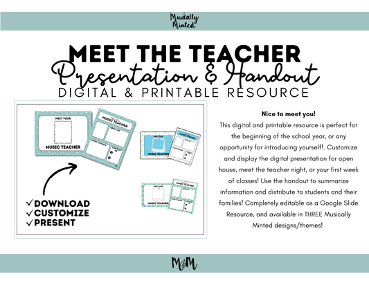 Welcome Back to Music: Editable Meet the Music Teacher Presentation and Handout DIGITAL DOWNLOAD