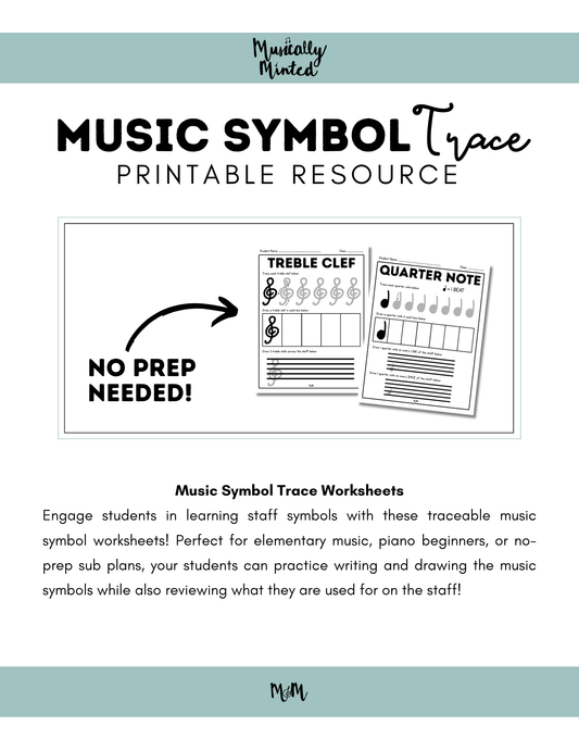 Musically Minted: Music Symbol Trace Staff Worksheets DIGITAL DOWNLOAD