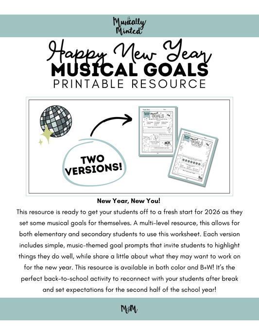 New Year 2026 | Musical Goals | Music Class Printable Worksheet DIGITAL DOWNLOAD