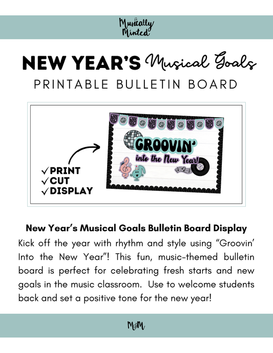 New Year’s Musical Goals Bulletin Board Display | Groovin’ Into a New Year | Printable Classroom Decor & Activity DIGITAL DOWNLOAD