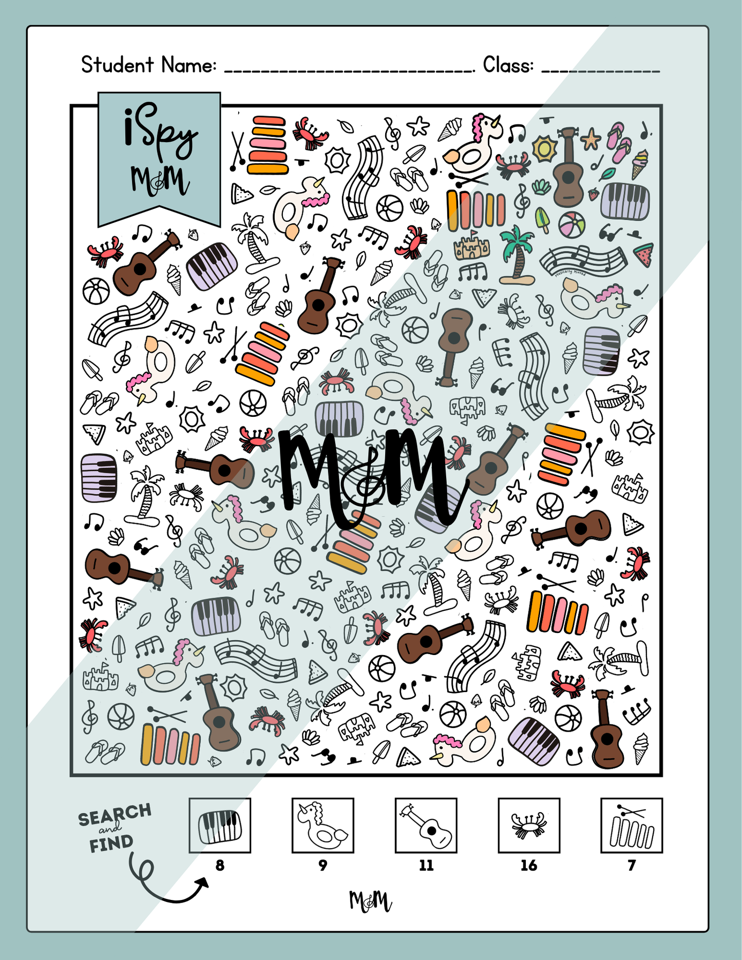 Colorful 'I Spy' activity sheet with various items and a search-find game on a light blue background.