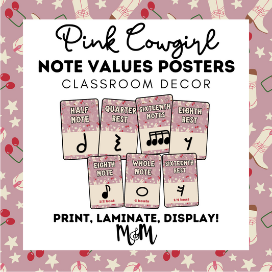 Pink Cowgirl: Note Values Posters DIGITAL DOWNLOAD