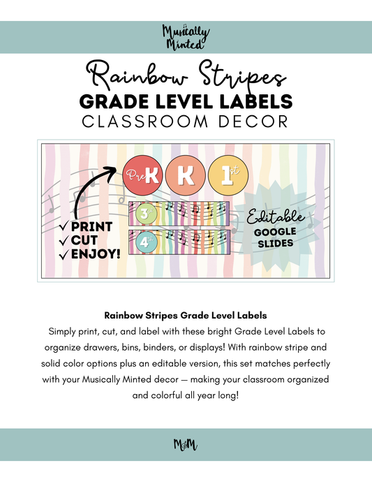 Rainbow Stripes: Grade Level Labels DIGITAL DOWNLOAD