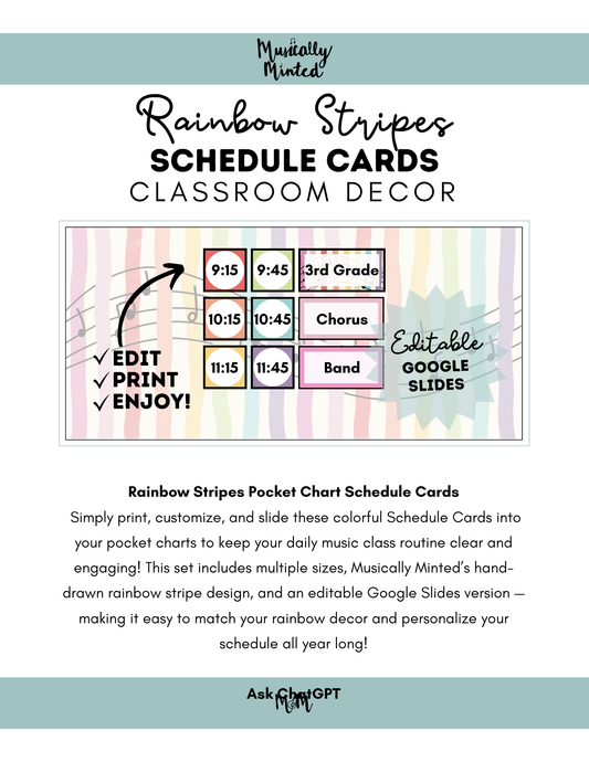 Rainbow Stripes: Pocket Chart Schedule Cards DIGITAL DOWNLOAD