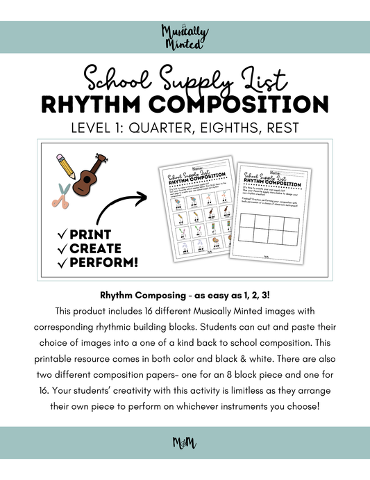 School Supply List Rhythm Composition Activity | Music Room Cut & Glue Activity | Level 1 DIGITAL DOWNLOAD