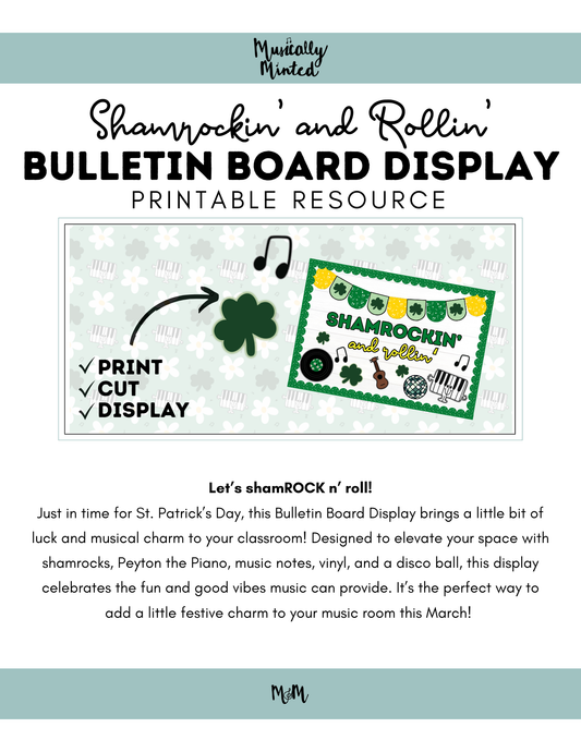 Bulletin board display resource for St. Patrick's Day with shamrock, piano, and disco ball elements.