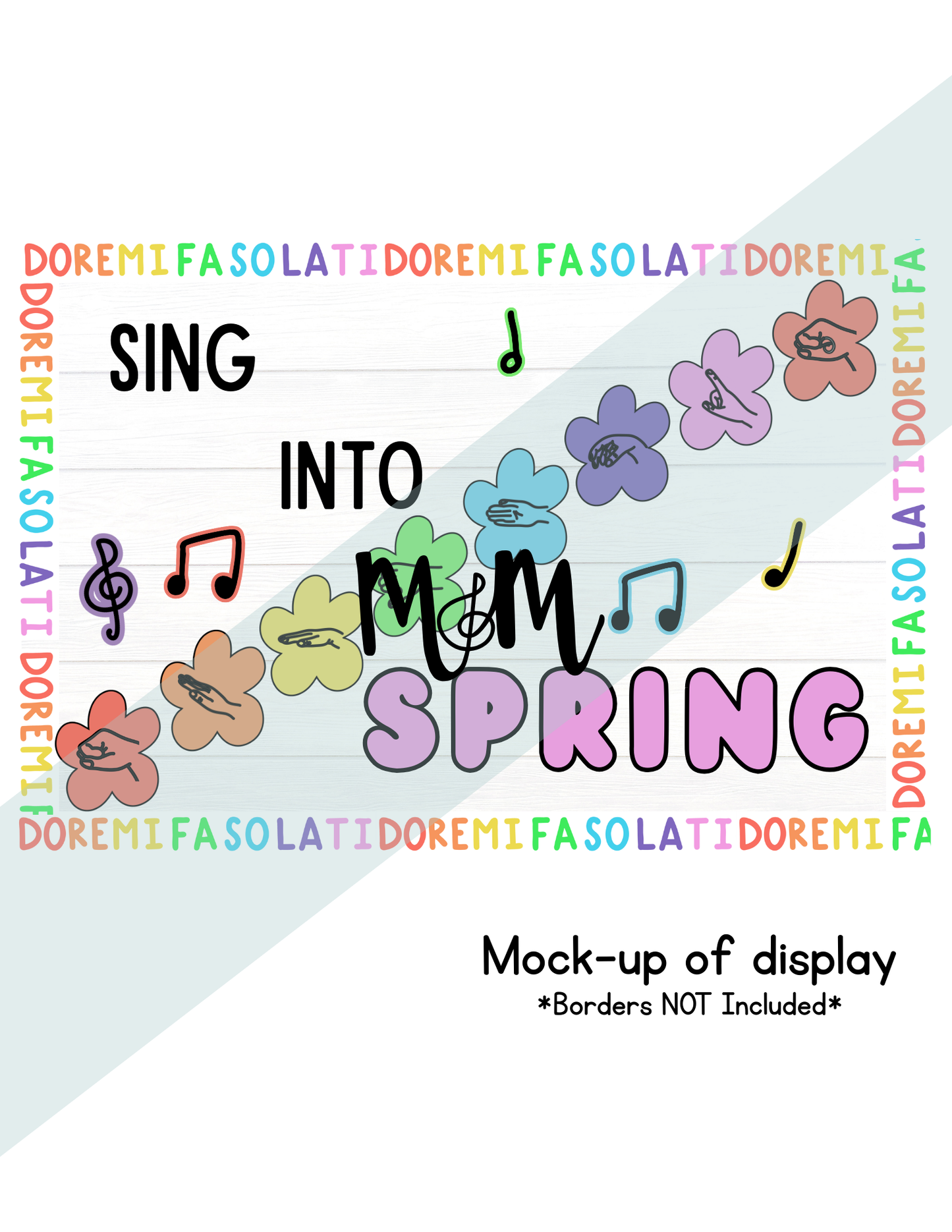 Colorful text and musical notes design with 'Sing into Spring' on a white background