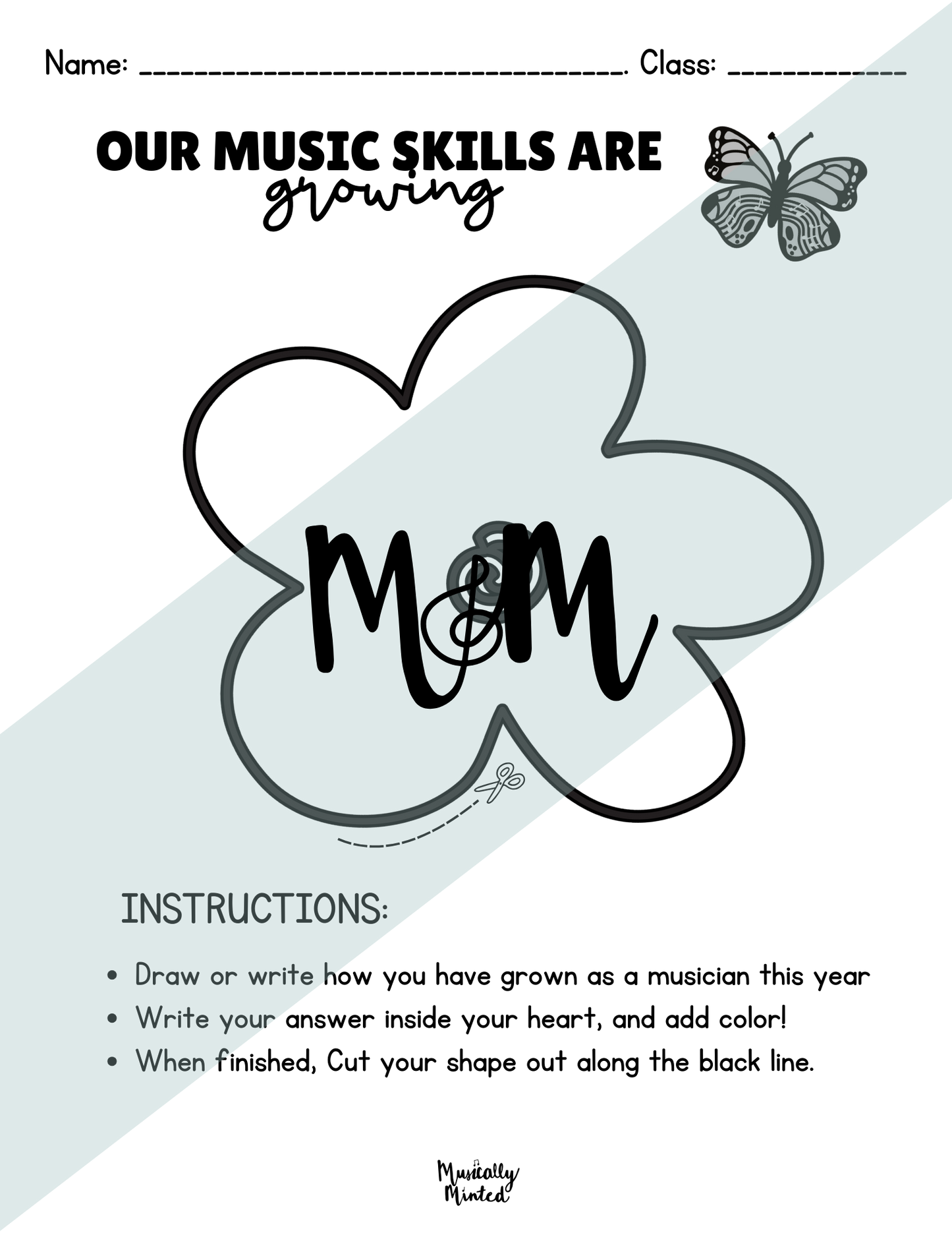 Sheet with a flower-shaped cutout with treble clef and text instructions for a music-themed activity.